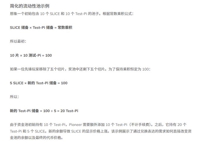 Chinese text explaining a simplified liquidity pool example using the constant product formula (SLICE × Test-Pi = constant), demonstrating how removing tokens increases the displayed price of remaining assets.