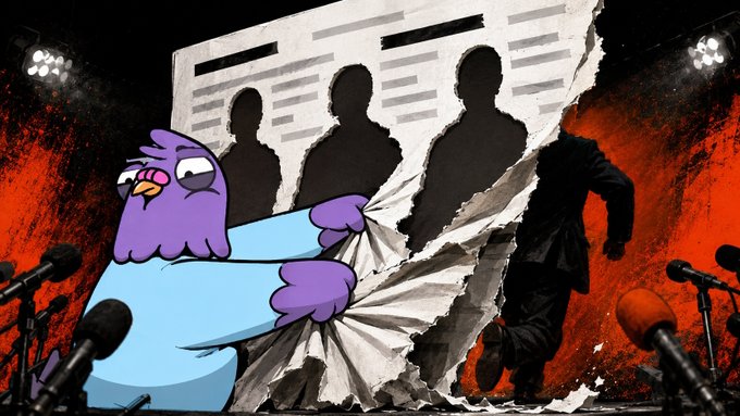 A cartoon illustration showing a purple bird-like character in a blue shirt holding a document with silhouettes of three people, while a shadowy figure rips through a paper background toward microphones.