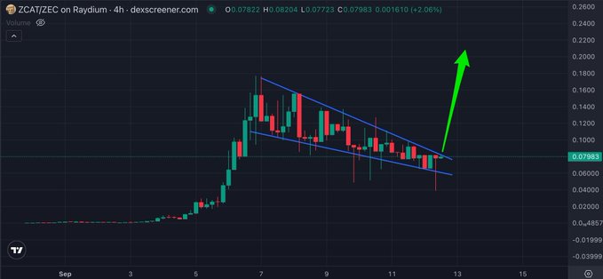A 4-hour candlestick chart of $ZCAT/ZEC on Raydium shows a descending wedge pattern (highlighted by blue trendlines) with a large green arrow indicating a potential breakout to the upside, aligning with the trader's post about adding more $ZCAT and "the bag stays on."