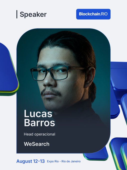A speaker announcement card for 'Lucas Barros', Head operational at WeSearch, for the Blockchain.RIO event on August 12-13 at Expo Rio in Rio de Janeiro.