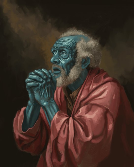 A classical-style portrait of a blue-skinned, elderly man with a white beard, wearing a red robe and praying with clasped hands, styled like a traditional Renaissance painting.