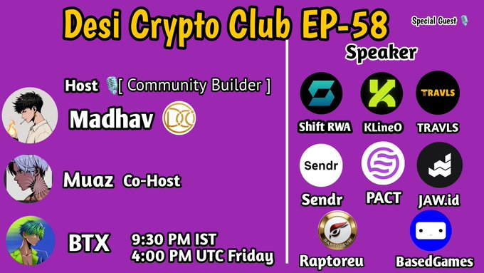 A purple promotional graphic for 'Desi Crypto Club EP-58' hosted by Madhav and Muaz with special guest speakers, scheduled for 9:30 PM IST / 4:00 PM UTC Friday, featuring logos for Shift RWA, KLineO, TRAVLS, Sendr, PACT, JAW.id, Raptoreu, and BasedGames.
