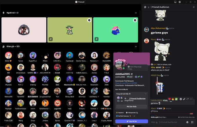 A screenshot of a Discord server called 'PrismaX' showing a voice channel 'PrismaX Auditorium' with members in call, a member list with avatars, and a chat panel discussing an iPad giveaway and music.