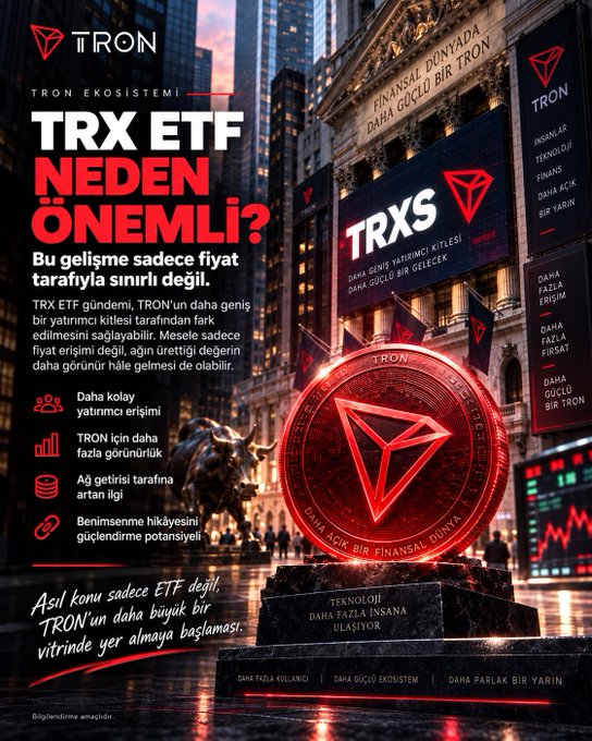 A promotional graphic for TRON (TRX) ecosystem featuring a red TRX coin monument in a city, with Turkish text highlighting the importance of the TRX ETF and benefits like increased visibility and network growth.