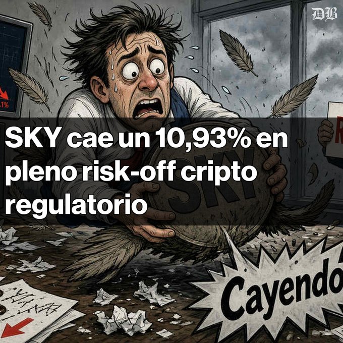 A cartoon illustration of a panicked man clutching a falling coin labeled 'SKY' amidst flying feathers and a 'Cayendo' (Falling) speech bubble, with the headline: 'SKY cae un 10,93% en pleno risk-off cripto regulatorio'.