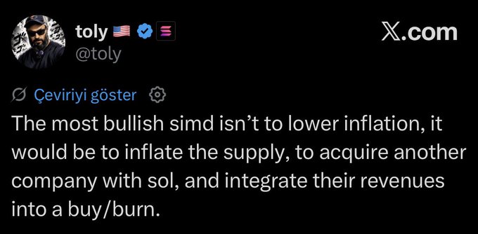 A screenshot of a tweet from Solana co-founder @toly stating that the most bullish scenario for SOL would be to "inflate the supply, to acquire another company with sol, and integrate their revenues into a buy/burn," which the accompanying post references as a signal toward Solana acquiring PumpFun.