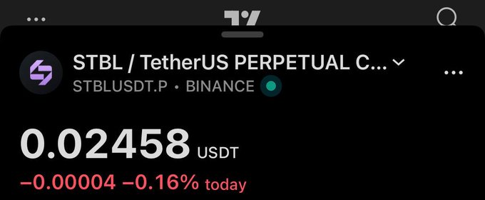 A cryptocurrency tracking app screenshot showing the STBL/TetherUS PERPETUAL contract (STBLUSDT.P) on Binance at a price of 0.02458 USDT, down 0.16% today.