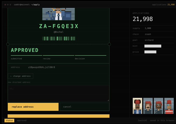 A screenshot of a Zcash (ZEC) application interface showing an approved request with code ZA-FGQE3X, address u1Bpwzps60kd4_js2180r8, supply 2,000, pool orchard, and pixel art avatars in the corner.