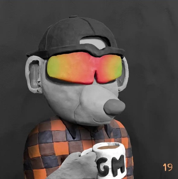 A digital artwork labeled '19' depicting a stylized, gray monkey-like character wearing a backward black cap and vibrant red-yellow gradient sunglasses, holding a white mug with 'GH' written on it.
