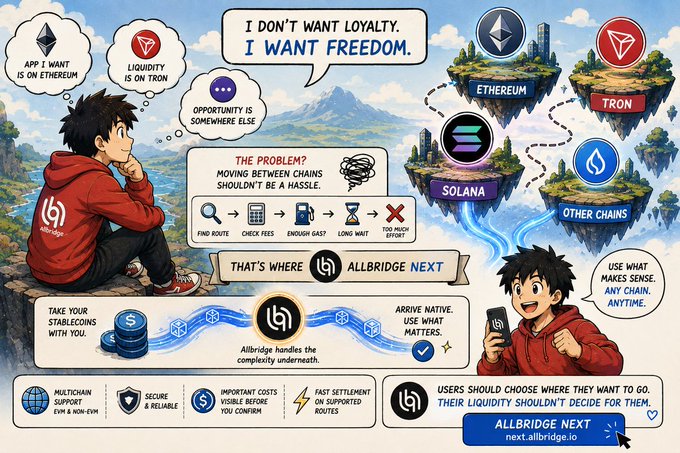 A promotional infographic for 'ALLBRIDGE NEXT' featuring an anime character stating 'I DON'T WANT LOYALTY. I WANT FREEDOM,' promoting cross-chain support for Ethereum, Tron, Solana, and other chains, with the URL 'next.allbridge.io.'
