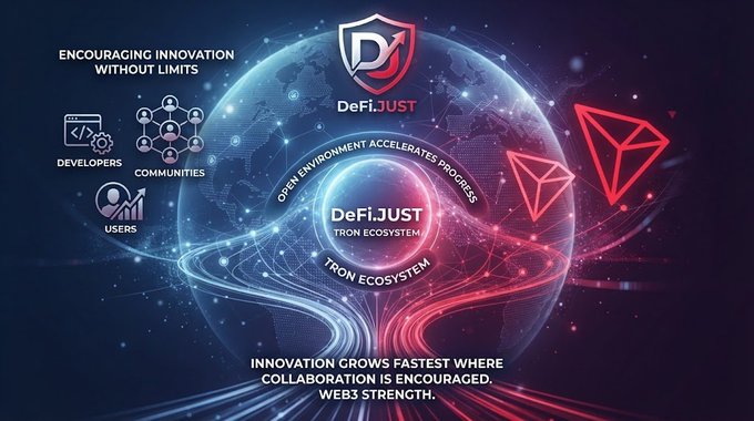 DeFi:JUST marketing image displaying 'ENCOURAGING INNOVATION WITHOUT LIMITS' alongside icons for DEVELOPERS, COMMUNITIES, and USERS, emphasizing the TRON ECOSYSTEM and the message 'INNOVATION GROWS FASTEST WHERE COLLABORATION IS ENCOURAGED. WEB3 STRENGTH.'