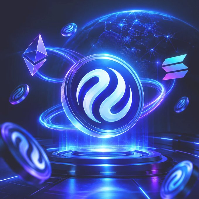 A futuristic digital artwork featuring glowing blue and purple cryptocurrency coin symbols (including Ethereum and Solana logos) orbiting around a central Injective coin, set against a backdrop of a glowing networked globe.