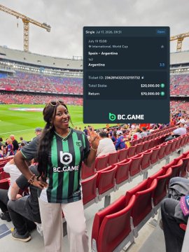 A woman in a BC.GAME jersey stands in a stadium, with a transaction screenshot showing a $30,000 deposit on BC.GAME from an Argentine bank account.