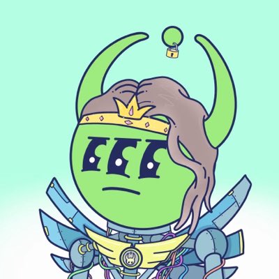 A cartoon illustration of a green character with horns, a gold crown, and a stern expression, wearing blue samurai-style armor on a teal background.