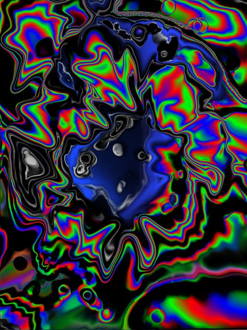 An abstract, psychedelic digital artwork consists of swirling, liquid-like patterns in vibrant neon red, green, blue, and black colors.