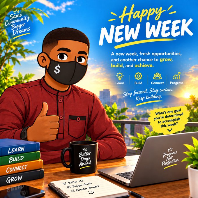 A motivational graphic featuring a cartoon man wearing a mask with a dollar sign, giving a thumbs up at a desk with a laptop and a 'Better Days Ahead' mug, alongside 'Happy New Week' text and goals to 'Learn, Build, Connect, Progress.'