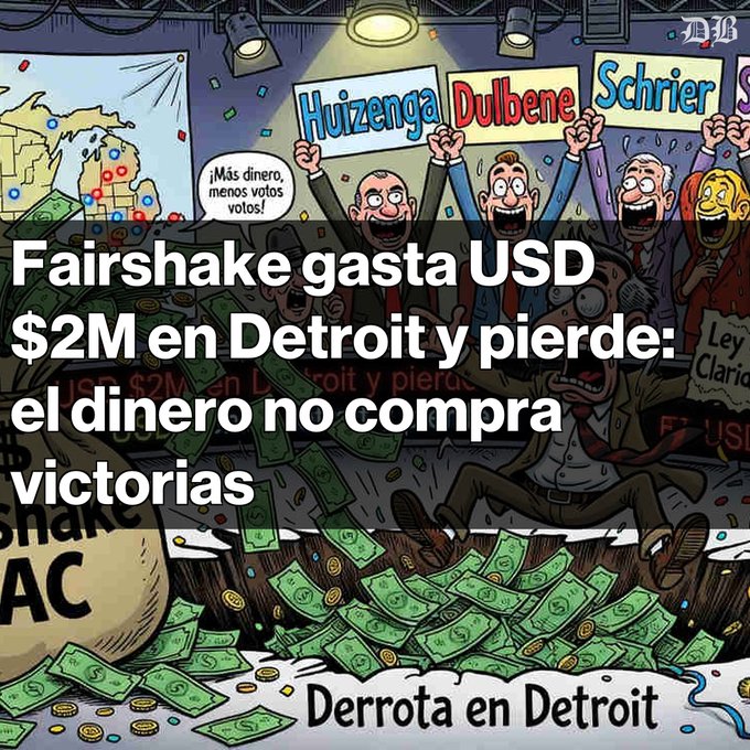 A Spanish-language political cartoon features caricatures of men holding signs labeled "Huizenga," "Dulbene," and "Schrier," with overlay text reading "Fairshake gasta USD $2M en Detroit y pierde: el dinero no compra victorias."