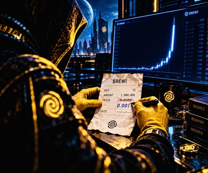 A hooded figure in dark, ornate clothing writes on a torn receipt that reads "$REWI, BUY 1G, AMOUNT 1,000,000, PRICE 0.001" while looking at a financial candlestick chart on a monitor.