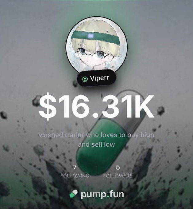A profile card for "@Viperr" on pump.fun shows a portfolio value of $16.31K with a self-deprecating bio reading "washed trader who loves to buy high and sell low," featuring an anime avatar and a green pill capsule graphic, which relates to the post by presenting the user's public pump.fun wallet identity.