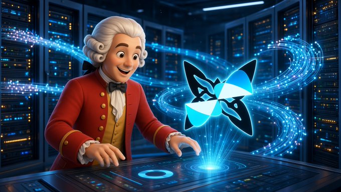 A 3D-rendered cartoon character in an 18th-century red coat and powdered wig stands in a server room, interacting with a glowing blue and black butterfly-shaped holographic icon.