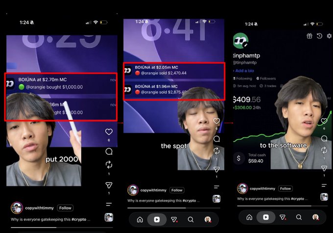 A TikTok creator (copywithtimmy) shows a "copytrading" reel featuring a notification that "@orangie bought $1,000" at $2.70M market cap, followed by his "the spot" highlights showing @orangie sold at $2.05M and $1.96M MC — illustrating how his claimed "copytrade" profit of $308 (24h) actually mirrors orangie's losing trade that sold at a lower market cap than the entry point.
