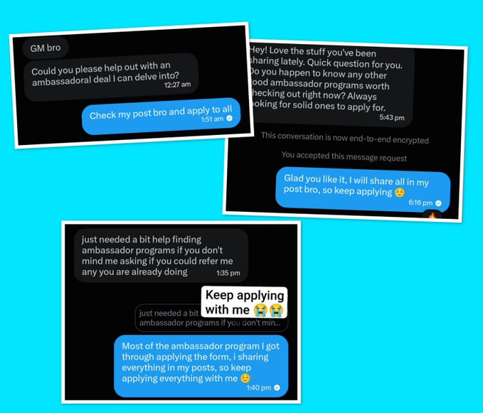 The image shows three screenshots of direct messages where someone is offering to help others apply for Web3 ambassadorship programs. The conversation includes references to "applying everything with me" and links to ambassador opportunities, which complements the post's listings of Web3 jobs including Funding Traders internship, Ocugamer moderator role, and Limitless Ambassador Program.