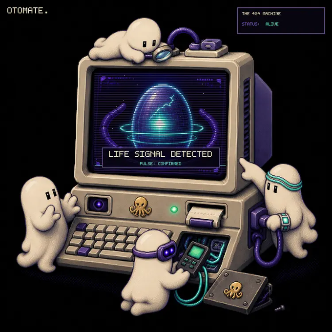 A digital illustration by OTOMATE featuring cute ghost-like creatures operating a retro computer that displays "LIFE SIGNAL DETECTED" and "THE 404 MACHINE STATUS: ALIVE".