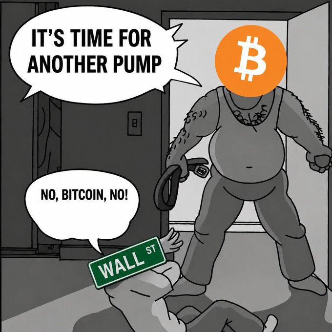 A cartoon meme shows a muscular figure with a Bitcoin logo for a head wielding a whip, declaring 'IT'S TIME FOR ANOTHER PUMP' toward 'WALL ST'.