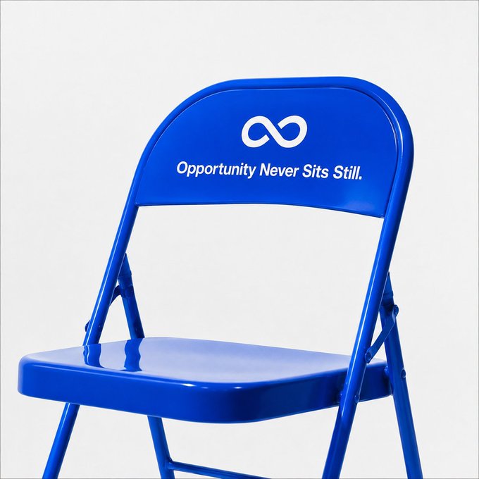 A bright blue folding chair features a white infinity symbol logo and the slogan "Opportunity Never Sits Still," reinforcing the post's message about active trading and zero-fee opportunities on MEXC Stock Futures, where hesitation means missing out—just like an empty seat waiting for a trader to seize the moment.