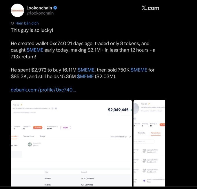 A tweet from @lookonchain stating 'This guy is so lucky!' about a wallet 0xc740 that made $2.1M+ in less than 12 hours trading $MEME token for a 713x return.