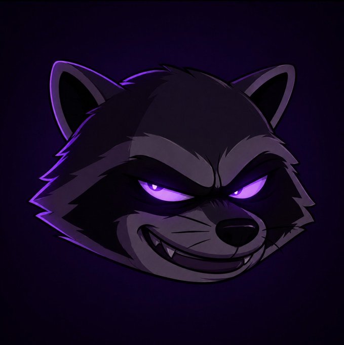 A dark, stylized illustration of a raccoon's head with glowing purple eyes and sharp fangs set against a dark purple background.