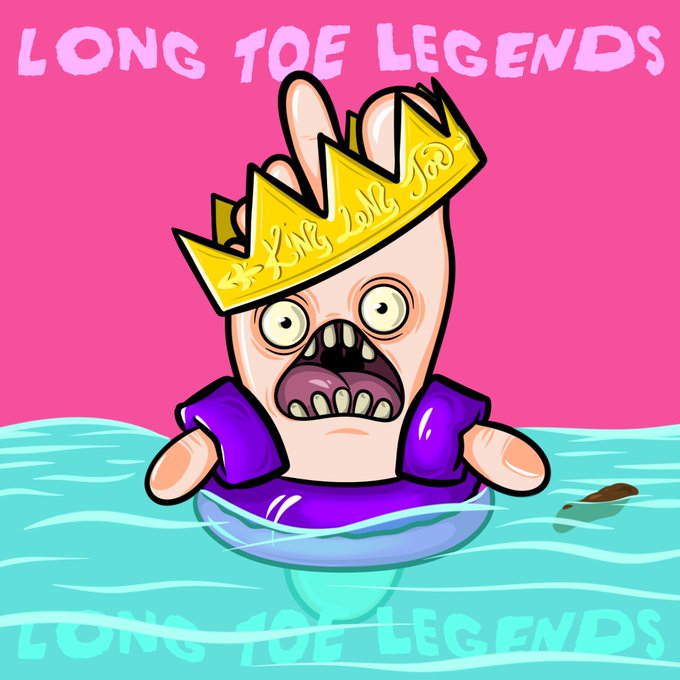 A cartoon character titled 'LONG TOE LEGENDS' depicts a wide-eyed figure wearing a gold 'KING 2018 JOE' crown and a purple shirt, with a comically long toe visible beneath the water.