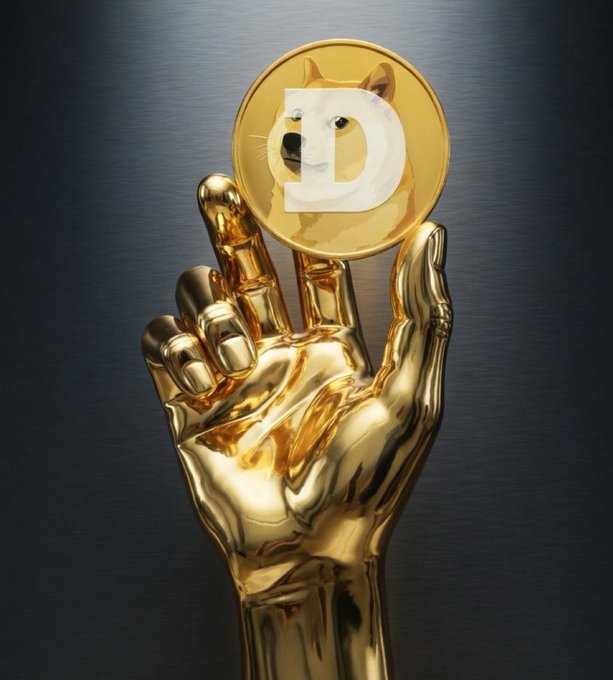 A golden hand holds up a Dogecoin coin featuring the iconic Shiba Inu dog logo on a dark background.