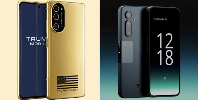 Side-by-side comparison of smartphones: on the left, a gold and navy blue 'Trump Mobile' branded phone with an American flag, and on the right, a black dual-screen phone displaying '12:18' and 'Thu, September 18'.