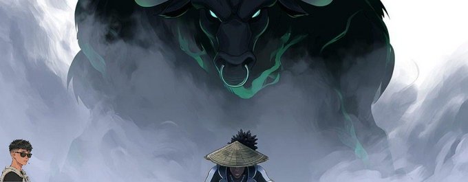 Anime-style artwork featuring a menacing large dark creature with glowing eyes looming over a smaller character wearing a straw hat, with a person in sunglasses in the bottom left corner.
