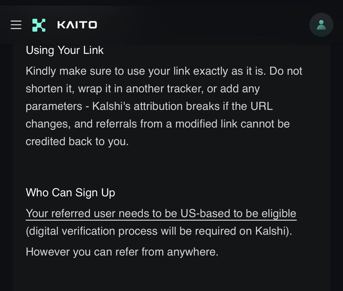 A screenshot from the KAITO platform with instructions about referral links, noting that referred users need to be US-based to be eligible.