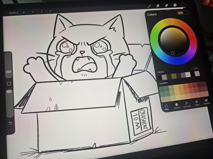 A digital drawing tablet showing a line art sketch of an angry cat emerging from a 'ONASACRAT 1.0 ML' shipping box, with the color picker palette open on the right side.