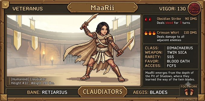 A character profile card for 'MaaRii', a Veteranus class gladiator from the game Cludiators, featuring a female warrior with twin sica blades, stats including 130 Vigor, and abilities like 'Obsidian Strike' and 'Crimson Whirl'.