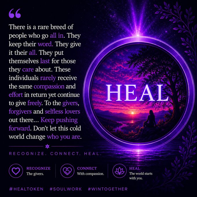 The image features a purple circle with the word "HEAL" written inside of it. Below this circle, there's a quote that reads, "There is a rage breed of people who go all in. They keep their word. They put it into practice. They care about others and they give back to them. These individuals rarely receive the same compassion and empathy from those around them." The image also includes a photo of a woman sitting under a tree with purple flowers, which is part of an overall design theme that emphasizes the importance of self-care and healing.