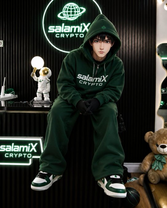 A person in a dark green 'salamiX CRYPTO' hoodie sitting in a futuristic room with an astronaut figurine, neon signs, and a teddy bear.