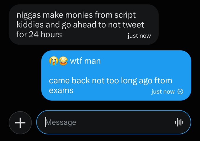 A text message exchange where the user complains about script kiddies who profit from cryptocurrency/NFTs then take a 24-hour social media break, to which the reply expresses frustration with emojis and mentions having just returned from exams. The conversation ties to the poster's relief after finishing science exams and curiosity about a "44k NFT" minting trend.