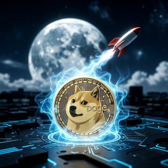 A golden Dogecoin coin featuring the Shiba Inu dog is illuminated with blue energy, set against a night sky with a full moon and a red-and-white rocket ship launching upward in the background.