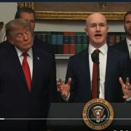 Donald Trump stands alongside Coinbase CEO Brian Armstrong at a presidential podium bearing the presidential seal, as Armstrong speaks with an open-mouthed expression while Trump looks on with a wide, admiring smile. The image humorously supports the post's joke about Trump's apparent enthusiasm for Armstrong, with the "SEND IT ALL" caption playing on crypto "sending" language.