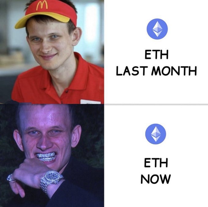 A two-panel meme showing the "McDonald's worker guy" transformation meme: the top panel shows a young, modest McDonald's employee labeled "ETH LAST MONTH," while the bottom panel shows the same man depicted as a flashy, jewelry-laden rapper labeled "ETH NOW." The image humorously illustrates Ethereum's significant rise in value and status, aligning with the post's caption that "$ETH IS UP TOO."