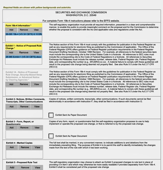 A SEC Form 19b-4 submission page from the Securities and Exchange Commission in Washington, D.C., showing sections for Form 19b-4 Information and various Exhibits including Notice of Proposed Rule Change.