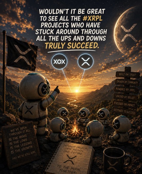 An XRP community artwork showing astronaut figures around a campfire under a moon with the XRP logo, captioned 'WOULDN'T IT BE GREAT TO SEE ALL THE #XRPL PROJECTS WHO HAVE STUCK AROUND THROUGH ALL THE UPS AND DOWNS TRULY SUCCEED,' alongside signs reading 'BUILT ON TRUST, DRIVEN BY COMMUNITY' and 'TO THE MOON TOGETHER.'