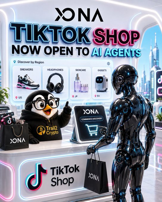 The image is a vibrant promotional graphic announcing that XONA's TikTok Shop is now open to AI agents, featuring a futuristic humanoid robot holding an XONA shopping bag alongside a penguin mascot wearing a "Trail2Crypto" hoodie at a neon-lit checkout counter displaying categories like Sneakers, Headphones, Skincare, and Gadgets across US, JP, and EU regions. The visual directly illustrates the post's announcement by showing the seamless integration between AI agents and TikTok Shop through Xona Commerce Discovery, with the shopping cart interface symbolizing how AI agents can now browse and retrieve product details from the platform.