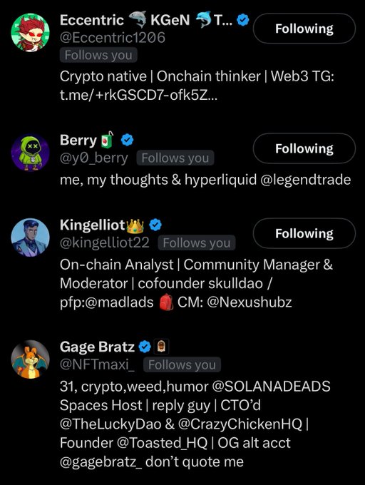A screenshot of Twitter/X profile cards showing four "Following" accounts: @Eccentric1206 ("Crypto native | Onchain thinker"), @y0_berry ("me, my thoughts & hyperliquid @legendtrade"), @kingelliot22 ("On-chain Analyst | Community Manager"), and @NFTmaxi_ (Gage Bratz, "31, crypto, weed, humor"). The post notes that subscribers get whitelist priority and $OIL airdrops, with @NFTmaxi_ specifically tagged as already locked in for one.