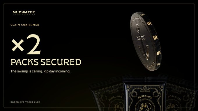 An advertisement for Mudwater shows a 'CLAIM CONFIRMED' message with '×2 PACKS SECURED' text, featuring a coin and Bored Ape Yacht Club coffee pouches against a black background.