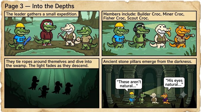 The image shows Page 3 of "Into the Depths" from "The Swamp Strip (Building the Swamps) Issue #2," featuring Builder Croc, Miner Croc, Fisher Croc, and Scout Croc as they descend on ropes into a swamp and discover ancient stone pillars, with dialogue noting "These aren't natural..." and "His eyes aren't natural..."—connecting to the $HBAR NFT series by depicting an underground exploration scene.